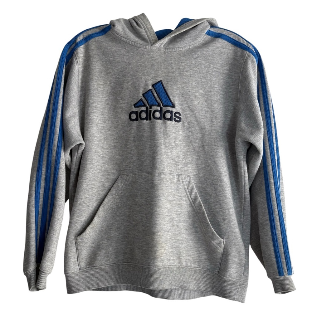 ADIDAS Boy’s Classic Gray Hoodie with Blue Stripes Size M — from 2005